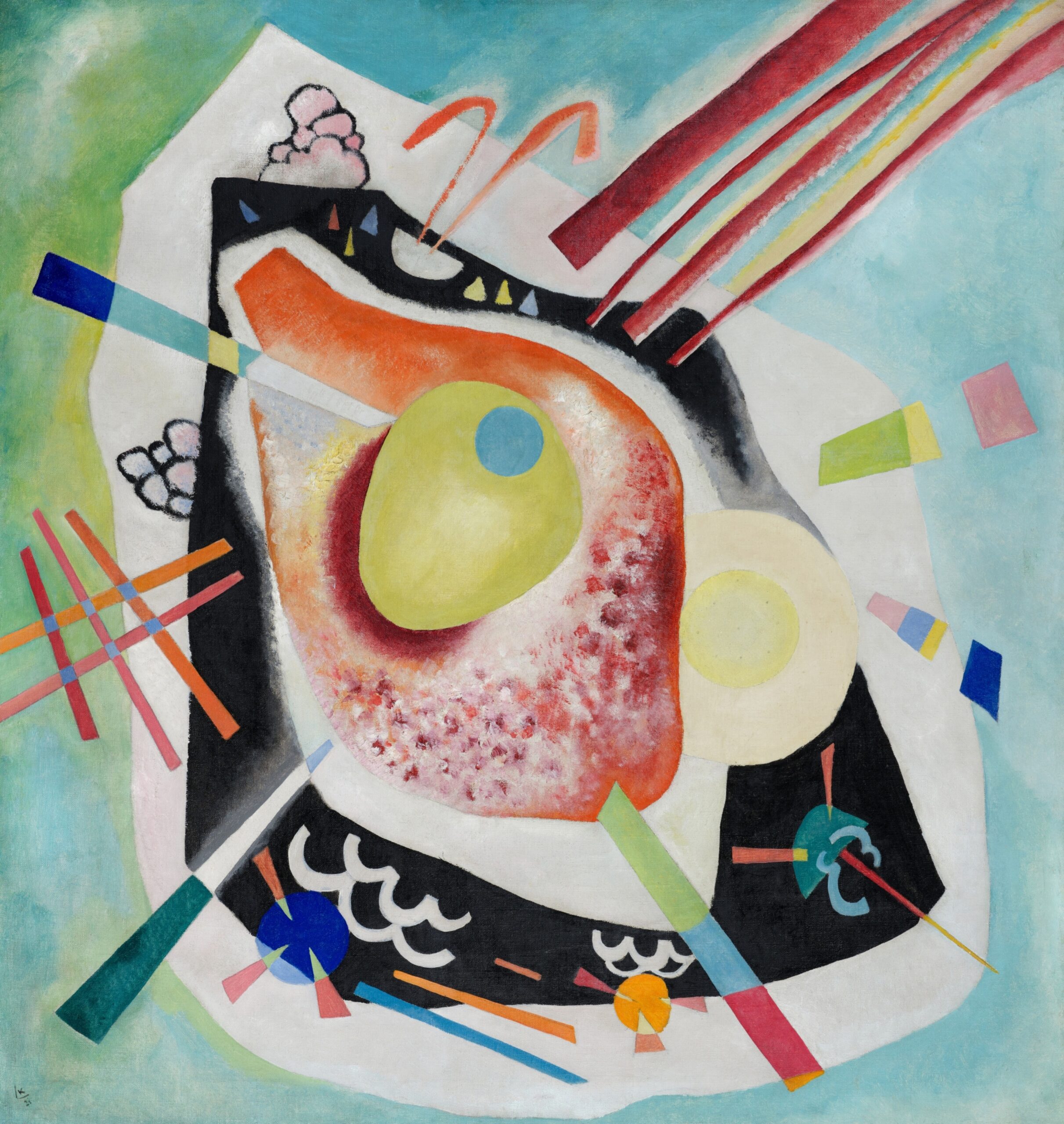 Wassily Kandinsky Weisses Oval (White Oval),  1921 Sold: Sotheby's, London, 19 November 2024 for $26.7 million. Réalisée en 1921, c’est l’une des trois dernières peintures qu’il ait faites alors qu’il vivait en Russie. En décembre de la même année, Kandinsky quitte Moscou pour Berlin, en partie invité à enseigner au Bauhaus par son fondateur Walter Gropius, et aussi en raison de ses divergences idéologiques avec les tendances constructivistes de plus en plus marquées de l’avant-garde russe.