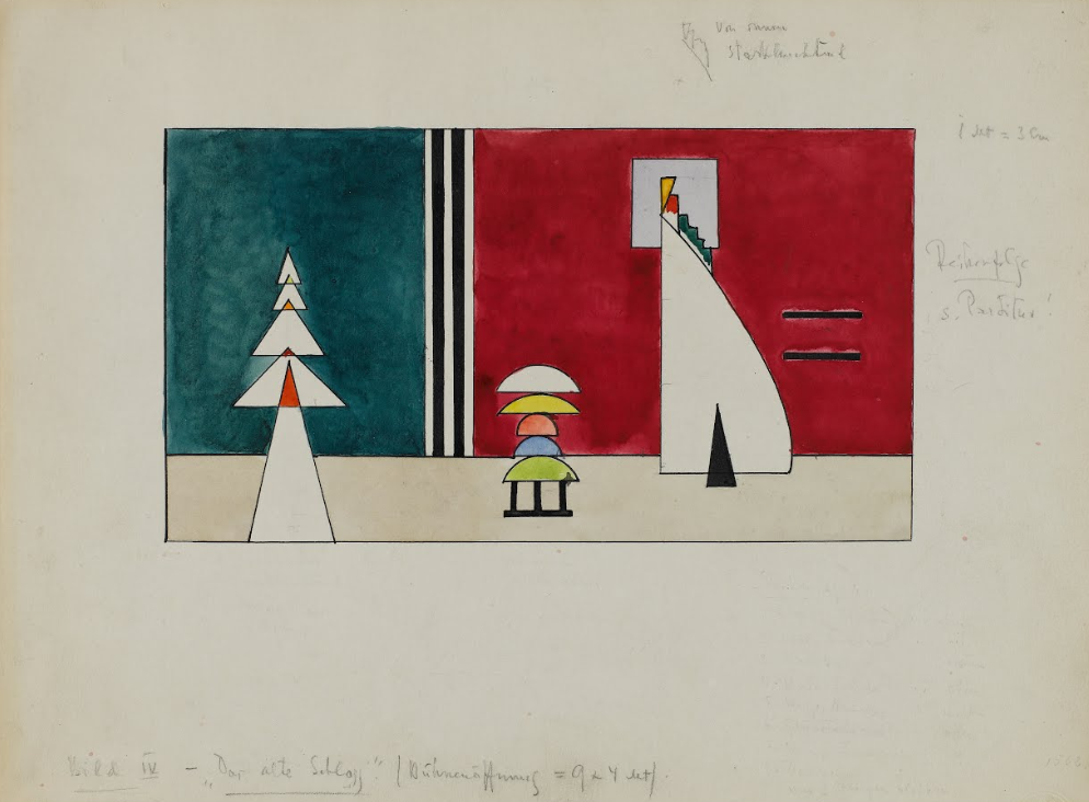 Vassily Kandinsky, « Tableaux d’une exposition ». Tableau IV : Le Vieux Château. Décor pour le Théâtre Friedrich, pour Tableaux d’une exposition de Moussorgski, Dessau. Droits d’auteur : Centre Pompidou