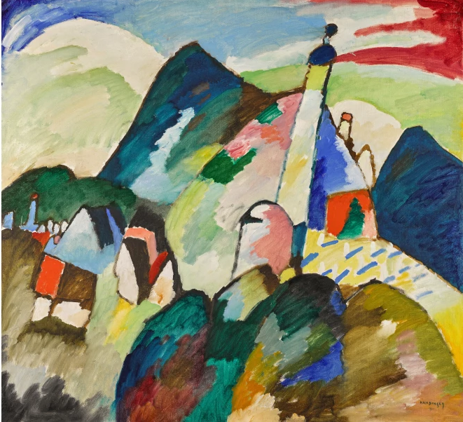 Wassily Kandinsky, Murnau mit Kirche II (Murnau with Church II), 1910. Sold: Sotheby's, London, 1 March 2023, for $44.8 million. Entre 1909 et 1911, Kandinsky commence à quitter la figuration pour l’abstraction. Sa toile « Vue de Murnau avec l’église II », réalisée en 1910, illustre cette transition.