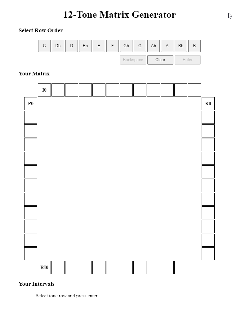 Illustration 2 : Générateur de matrice dodécaphonique (12-Tone Matrix Generator), conçu pour les étudiants en théorie musicale ou en composition qui étudient la musique à douze sons. L’utilisateur saisit la série initiale et l’application affiche toutes les formes possibles de cette série ainsi que les intervalles de la forme prime.
Le créateur de cette application est Andy Arensman.
Projet disponible sur GitHub : https://github.com/andyarensman/12-Tone-Matrix-Generator
